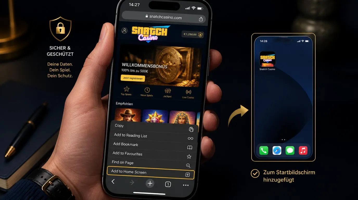 Smartphone mit Casino-Webseite und Home-Bildschirm-Verknüpfung für den mobilen Zugriff