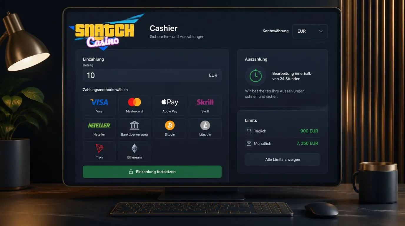 Übersicht einer Casino-Kasse mit Karten, E-Wallets, Banküberweisung und Kryptowährungen in Euro