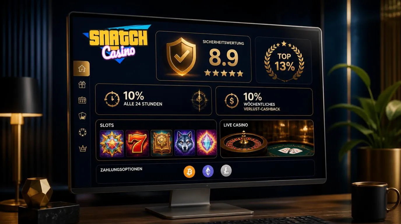 Modernes Casino-Dashboard mit Sicherheitswertung, Cashback-Anzeige, Slots und Krypto-Zahlungsoptionen