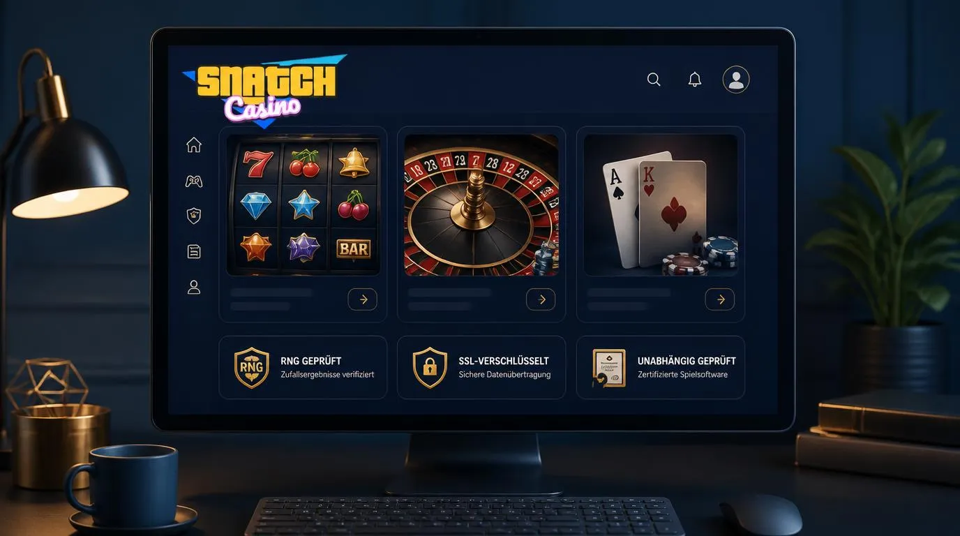 Casino-Spieloberfläche mit RNG-Prüfsiegel, verschlüsselter Verbindung und geprüften digitalen Spielen
