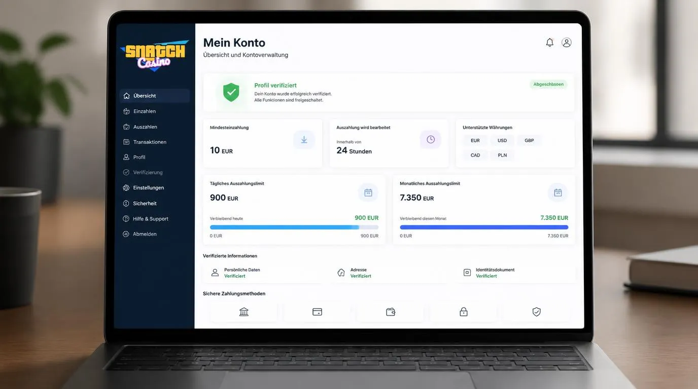Registrierungsansicht mit verifiziertem Konto, Einzahlung von 10 EUR und Auszahlungsgrenzen in Euro