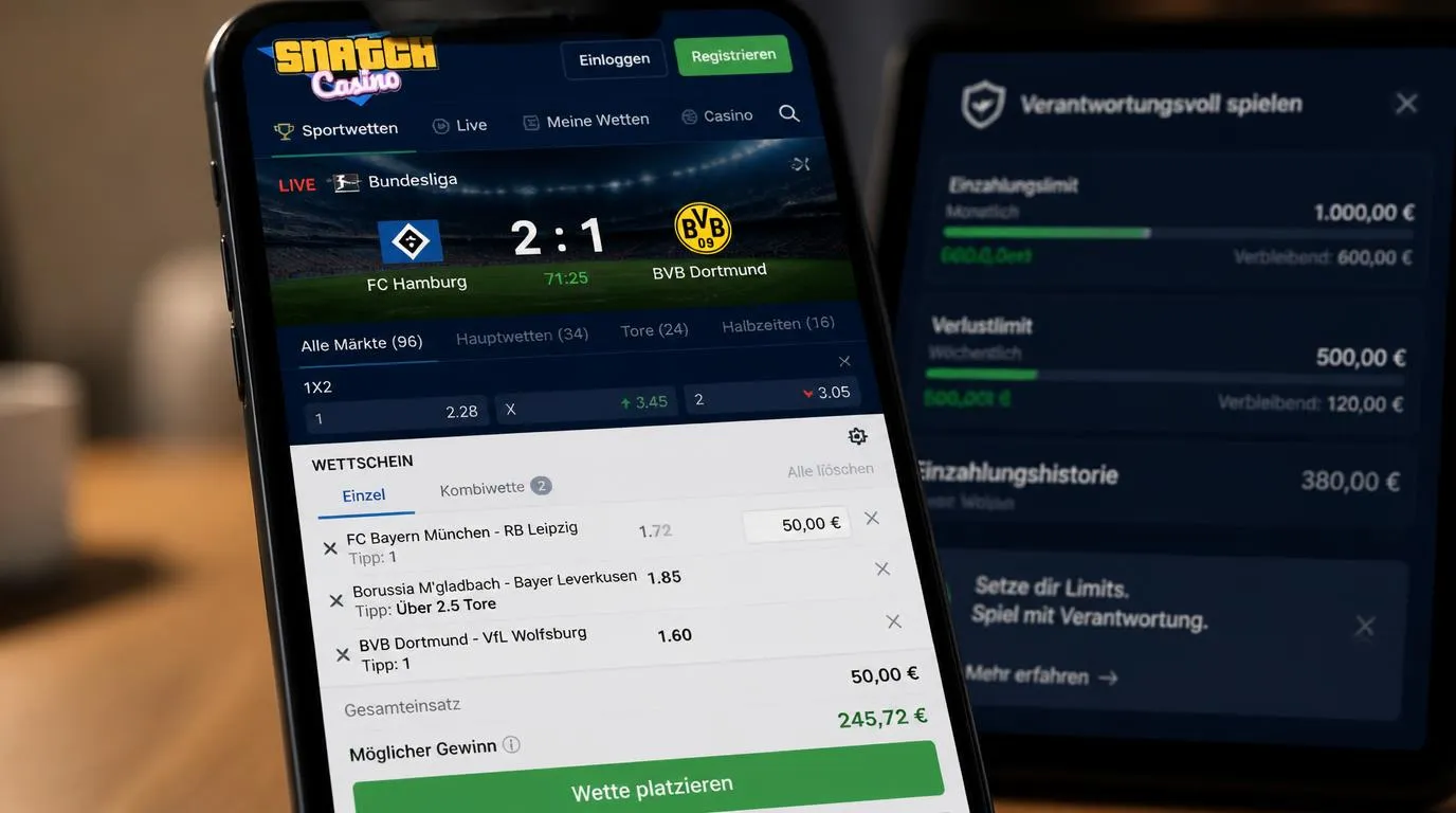 Digitaler Wettschein mit Live-Quoten, Einzelwette und Kombiwette auf einem Smartphone