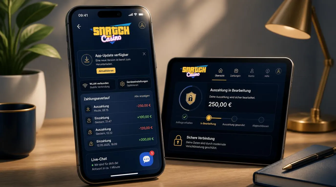 Smartphone mit Casino-App, WLAN-Symbol, Zahlungsübersicht und offenem Live-Chat