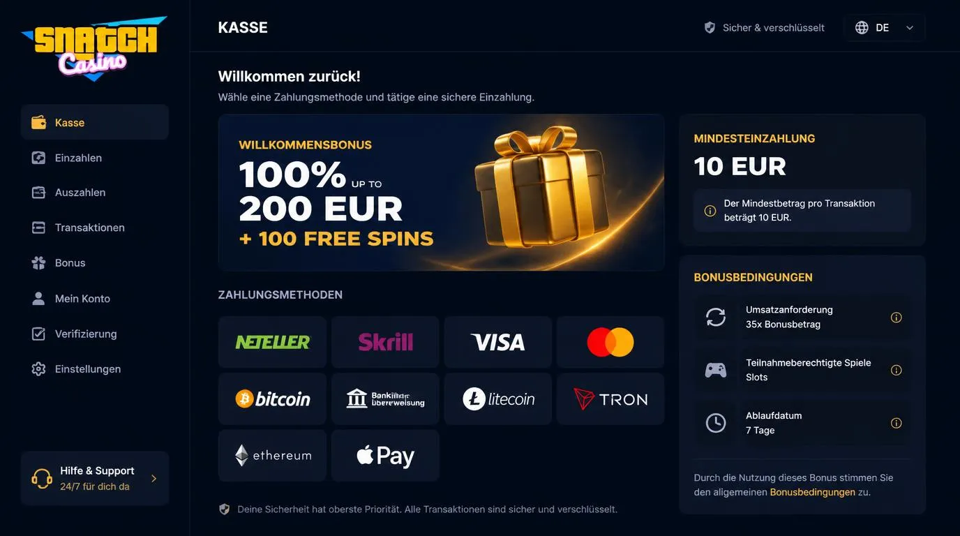 Casino-Kassenansicht mit Willkommensbonus, Einzahlung ab 10 EUR und Auswahl von Zahlungsarten