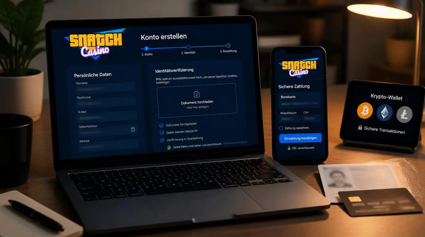 Casino-Konto auf einem Laptop mit KYC-Dokumenten, Karte und Smartphone für die erste Einzahlung
