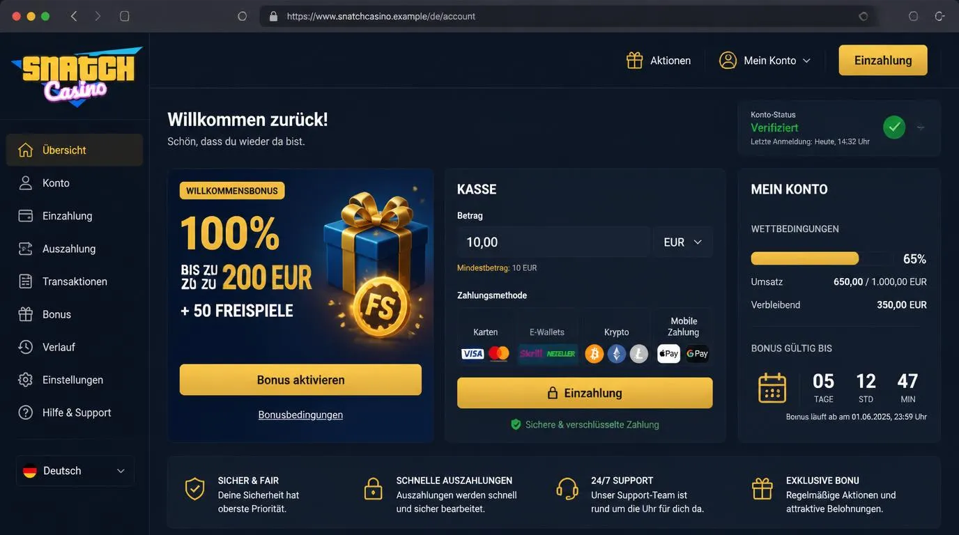 Casino-Kontoansicht mit Willkommensbonus, Einzahlungskasse und Anzeige für Umsatzfortschritt