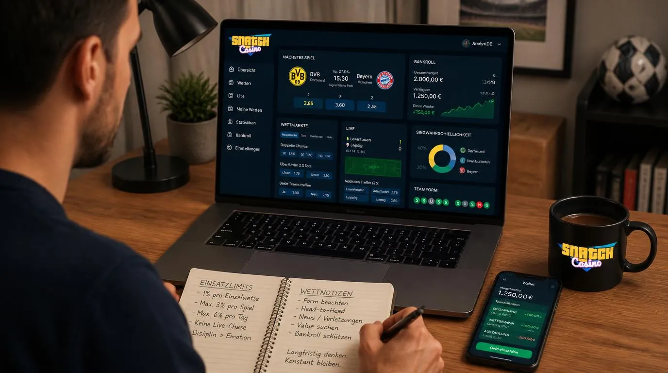 Sportwetten-Analyse mit Quotenvergleich, Spielstatistiken und festem Wettbudget auf einem Bildschirm