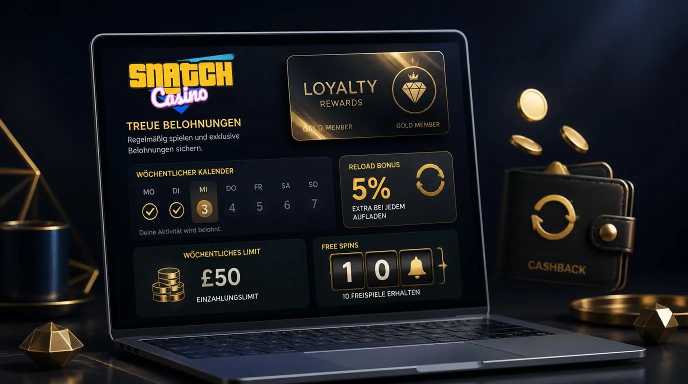 Casino-Dashboard mit Wochenbonus, Cashback-Symbol und Freispiel-Belohnungen