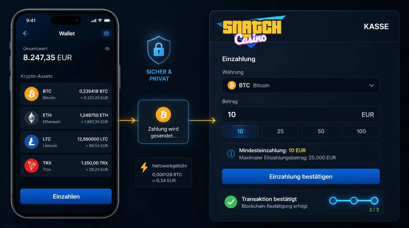 Krypto-Wallet mit Bitcoin, Ethereum, Litecoin und Tron für eine Casino-Einzahlung